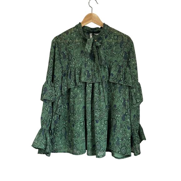 Lucky Brand Blouse 2X Green Paisley Ruffle Sleeve Boho Peasant Top Flowy - Picture 1 of 11